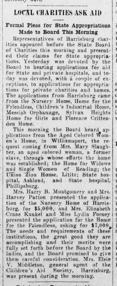 1914 News article on state funding, noting the appearance of Mary Slaughter of Williamsport, PA.